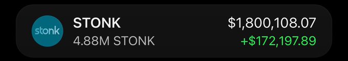 A portfolio display shows STONK holdings of 4.88M STONK valued at $1,800,108.07, up $172,197.89. The post celebrates this nearly $1.8M position in the single $STONK token while joking about needing a vacation and struggling to spend the gains rather than reinvesting them.