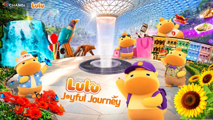 A vibrant promotional graphic titled 'Lulu Joyful Journey' in partnership with Changi, showing cartoon hippo characters in various travel scenes around the world.