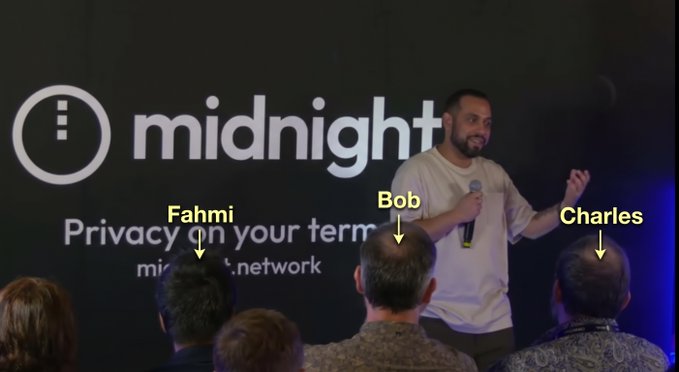 A man speaks at a 'midnight' network presentation with the tagline 'Privacy on your terms,' with audience members labeled 'Fahmi,' 'Bob,' and 'Charles' visible in the foreground.