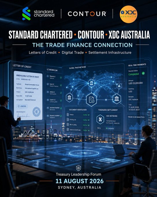 The image is a promotional graphic for a Treasury Leadership Forum on 11 August 2026 in Sydney, Australia, highlighting the partnership between Standard Chartered, Contour, and XDC Australia for digital trade finance, showing a futuristic interface displaying an irrevocable Letter of Credit (USD 25,000,000) for Global Commodities Pty Ltd and related real-time trade settlement details.

The image visually reinforces the post's claim about the overlooked Standard Chartered–XDC connection by showcasing Contour—the digital trade finance platform co-founded by Standard Chartered—integrated with the XDC Network, illustrating how the bank is actively linked to XDC's blockchain-based settlement infrastructure for trade finance operations.