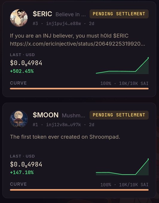 A crypto trading dashboard displays two tokens in "PENDING SETTLEMENT" status: **$ERIC** (ranked #3, last price $0.04984, up +502.45%) and **$MOON** (ranked #1, last price $0.04984, up +147.10%), both showing 100% bonding curve progress on a 10K/10K SAI curve. The image illustrates the post's "nINJas it has begun" theme by showcasing newly launched Injective-based tokens with explosive early gains.