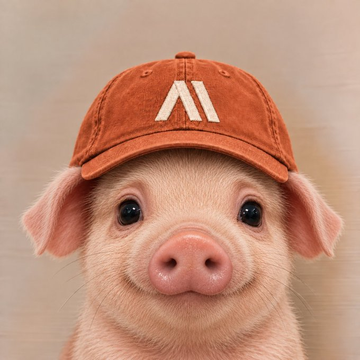 A photorealistic illustration of a smiling piglet wearing an orange baseball cap featuring the Avalanche (AVAX) cryptocurrency logo.