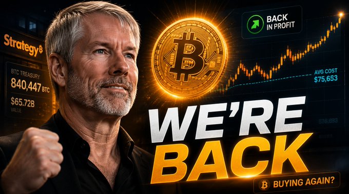 A YouTube thumbnail featuring a man celebrating next to a golden Bitcoin, with text 'WE'RE BACK' and 'BUYING AGAIN?', showing Strategy's BTC Treasury of 840,447 BTC valued at $65.72B and 'BACK IN PROFIT' with AVG COST $75,653.