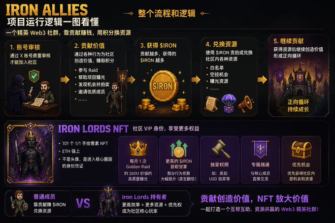 A promotional infographic for 'IRON ALLIES', a Web3 project, detailing its operational logic in Chinese, featuring a 5-step process, SIRON token rewards, and benefits of 'IRON LORDS NFT' membership.