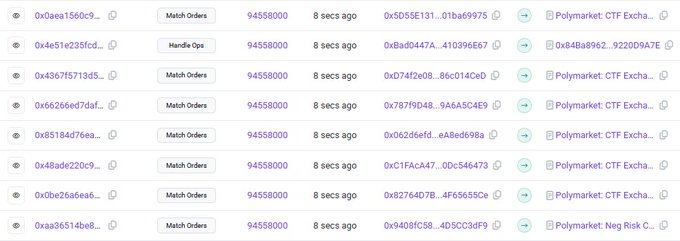 A screenshot of a blockchain transaction feed showing multiple wallet addresses, Match Orders and Handle Ops actions, and Polymarket: CTF Excha entries, all timestamped 8 secs ago.