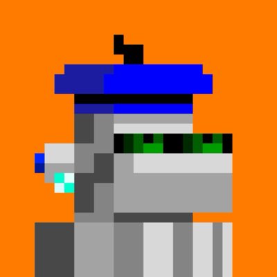 A pixel art style image depicting a blocky character with a blue hat, gray body, and green eyes against a solid orange background.