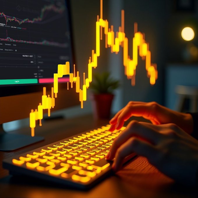 A stylized image of a person's hands typing on a glowing orange backlit keyboard, with candlestick trading charts overlaid in orange against a dark background showing a trading monitor.