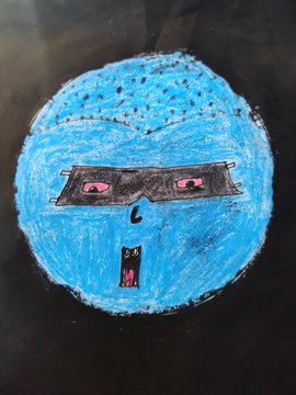 A child's drawing of a blue circular face with sunglasses, a band-aid on its forehead, and an open mouth, done with crayon or oil pastel on black paper.