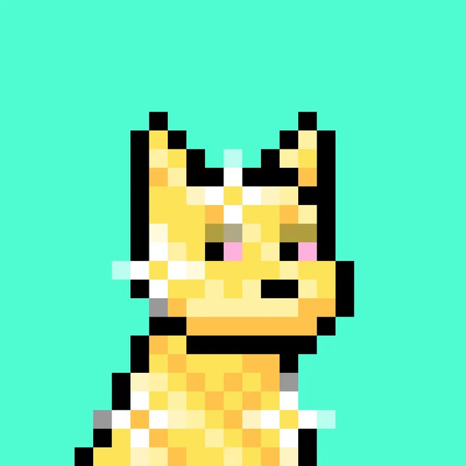 A pixel art illustration of a yellow cat character with pink cheeks and white whiskers set against a teal background.