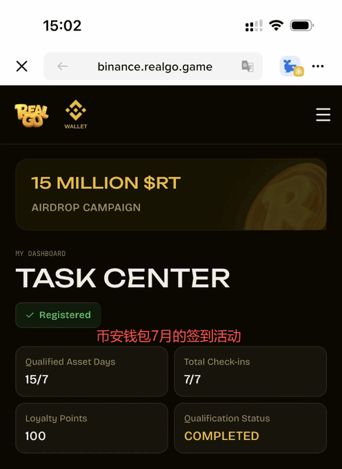 A screenshot of the Binance Wallet “Task Center” for RealGo’s July check-in campaign shows “15 MILLION $RT Airdrop Campaign,” “Registered,” and completion metrics of 15/7 qualified asset days, 7/7 total check-ins, 100 loyalty points, and “COMPLETED” status. The completed 7-day check-in record supports the post’s description of the RealGo launch event and possible $RT airdrop.