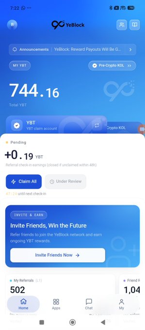 The image shows a YeBlock account dashboard with a total balance of "744.16" YBT, a pending reward of "+0.19 YBT" from referral check-in earnings, and a claim button available. The bottom section displays an "Invite Friends Now" referral program with 502 referred users, visually reinforcing the post's mention that YBT has lifted its prior restriction on Nigerian users following community feedback.