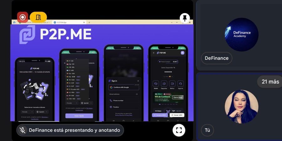 A presentation screen displays "P2P.ME" alongside mobile app screenshots, with a sidebar showing "DeFinance Academy" and "21 más" participants.