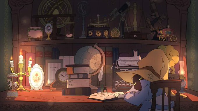 A cozy illustrated scene of a hooded character reading at a desk surrounded by candles, old books, a globe, and various curious objects like a telescope and astrolabe on shelves.