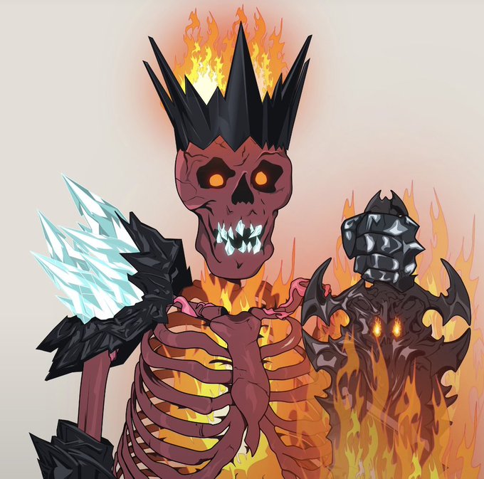 A digital illustration depicts a fiery skeleton king with a flaming spiked crown and glowing orange eyes, holding an icy crystal weapon in its bony hand.