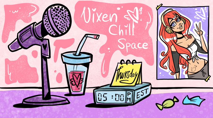 A cartoon-style illustration titled 'Vixen Chill Space' showing a purple microphone, a pink drink with a 'V' logo, a calendar reading 'Thursday' with a clock showing 05:00 PM EST, and an anime-style female character in a poster.