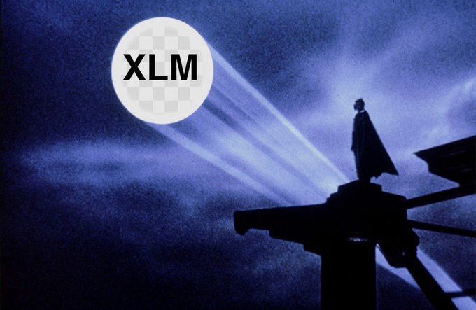 An artistic silhouette of a caped figure standing on a structure under a dark blue, cloudy sky, with a circular 'XLM' (Stellar) logo placed in the upper left corner.