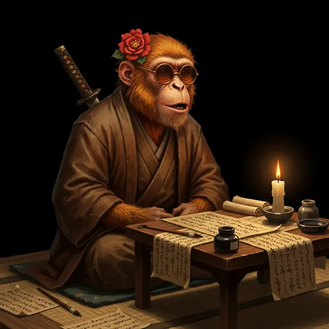 A digital illustration of a monkey in samurai attire with a sword on its back, writing at a desk illuminated by a candle.