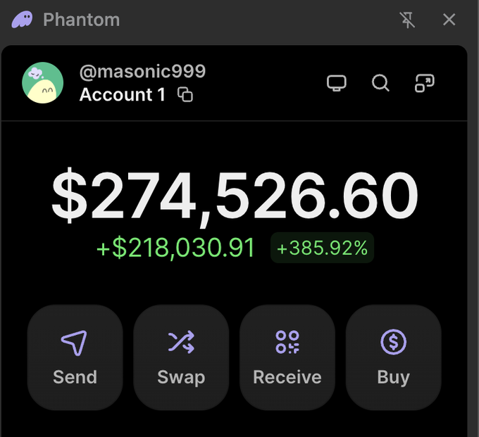 A screenshot of a Phantom crypto wallet displaying an account under @masonic999 (Account 1) with a balance of $274,526.60, showing a gain of +$218,030.91 (+385.92%), alongside Send, Swap, Receive, and Buy options—visually supporting the poster's claim of holding significant crypto wealth while teasing an airdrop and comparing their supply control to Ripple's $XRP.