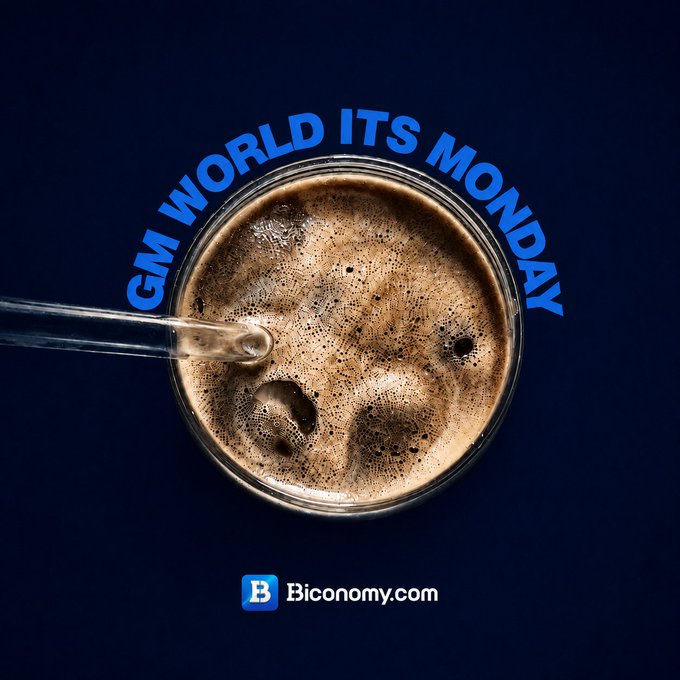 An overhead shot of a frothy coffee or chocolate drink in a glass with a straw, surrounded by blue text reading 'GM WORLD ITS MONDAY' and a 'B Biconomy.com' logo.