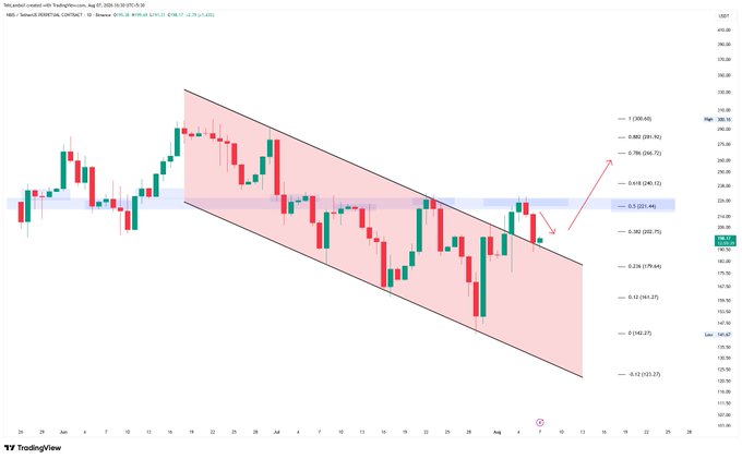A TradingView candlestick chart for BNB/USDT showing a downward parallel channel pattern (pink shaded area) with Fibonacci retracement levels listed on the right side.
