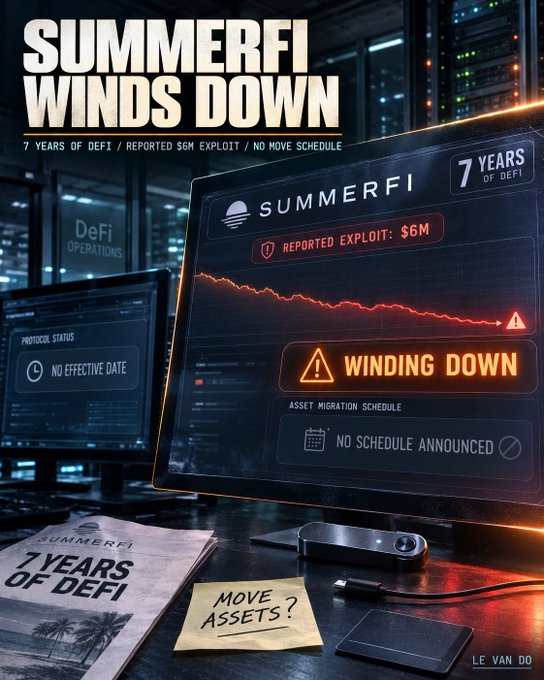 A digital poster with bold text 'SUMMERFI WINDS DOWN' showing warnings about a $6M exploit, 7 years of DeFi, winding down status, and a sticky note reading 'MOVE ASSETS?' on a desk with monitors.