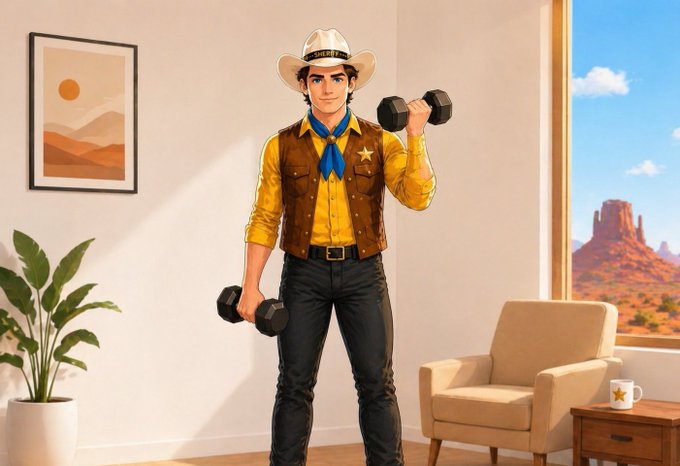 A cheerful cowboy in a yellow shirt, brown vest, and star-bordered hat lifts dumbbells in a sunlit living room, with desert mesas visible through the window — a fun, fit "Good Morning Frens!" vibe for a happy Sunday.