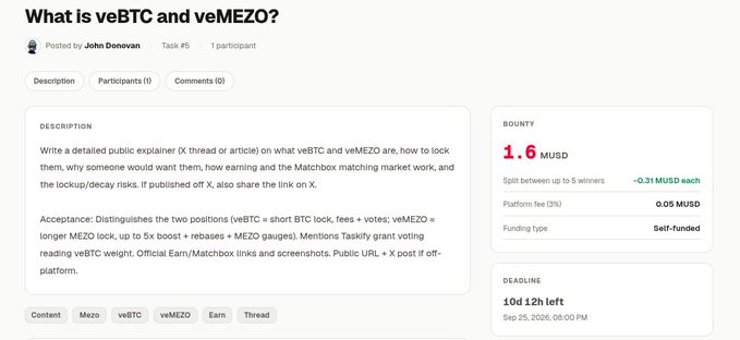 Screenshot of a bounty task titled 'What is veBTC and veMEZO?' posted by John Donovan, offering a bounty of 1.6 MUSD with a deadline of September 25, 2026.