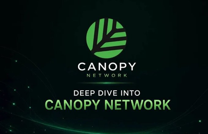 The image features a green logo for a company called "Canopy Network" with the words "Deep Dive into Canopy Network" written below it, along with a subtitle that reads "Good night & Good evening @CNPYNetwork helps builders launch quickly while giving emerging ecosystems a cleaner foundation @CNPYNetwork seems to be extending that concept to infrastructure ownership". The image is set against a black background and has a green logo in the center.