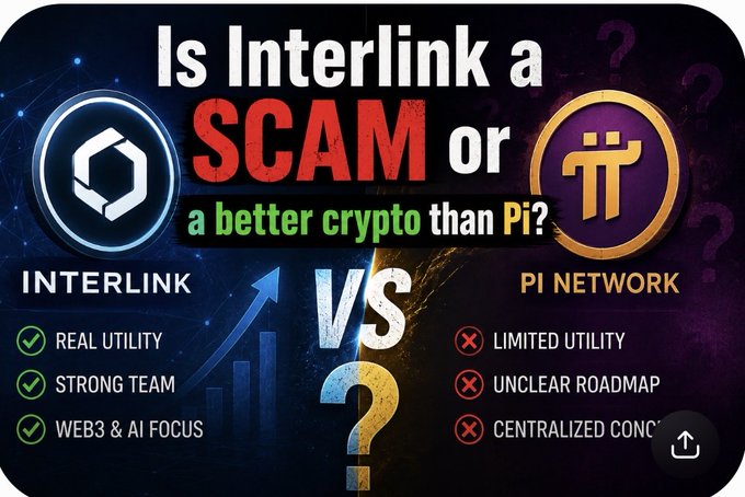 A comparison graphic titled "Is Interlink a SCAM or a better crypto than Pi?" contrasting Interlink (highlighted with checkmarks for Real Utility, Strong Team, and Web3 & AI Focus) against Pi Network (marked with X's for Limited Utility, Unclear Roadmap, and Centralized Concerns), aligning with the post's teasing request for research-based verdict on whether Interlink ($ITLG) is a scam or superior to Pi Network.
