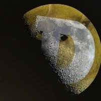 A close-up of a textured crescent moon shape, gold on the edges with a gray/silver textured surface, set against a dark background.