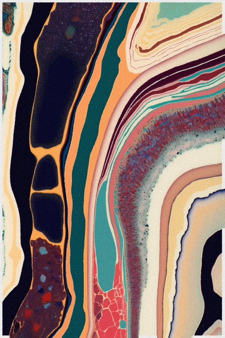 An abstract painting featuring swirling, fluid-like bands and marbled patterns in colors like dark blue, teal, red, cream, and orange.