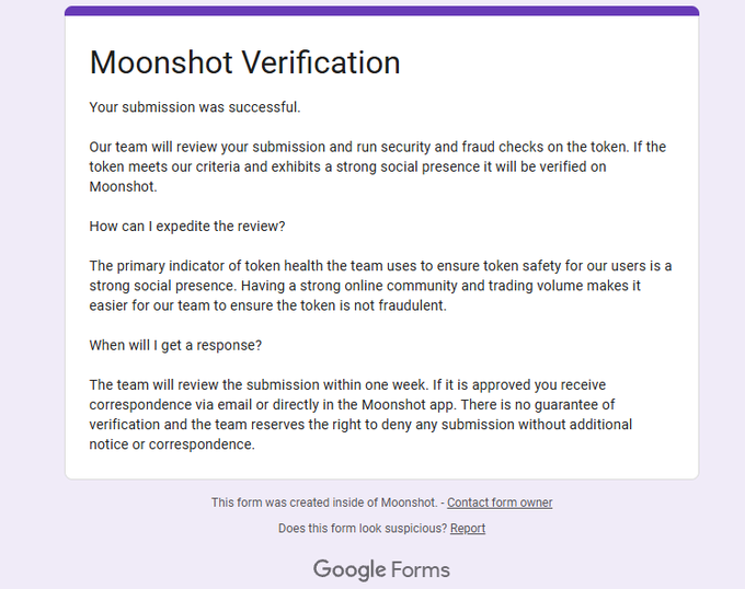 A Google Forms confirmation page titled 'Moonshot Verification' stating 'Your submission was successful' with details about the review process.