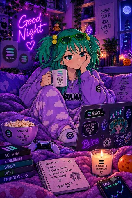 An anime-style digital illustration of a green-haired girl in purple 'BULMA' pajamas sitting on a purple beanbag with a mug, surrounded by Solana/SOL cryptocurrency branding, a laptop with crypto charts, a to-do list, and a 'Good Night' neon sign, ending with 'Good Night' written in a notebook.