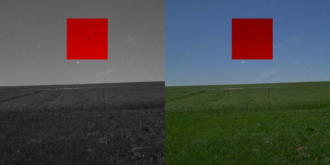 A side-by-side comparison of a field landscape under a blue sky, with the left half in black and white and the right half in full color, both featuring a red square in the upper portion.