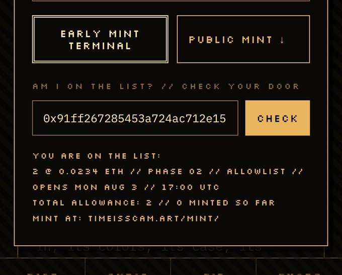 An 'Early Mint Terminal' interface showing a wallet address 0x91ff267285453a724ac712e15 verified on an allowlist with 2 @ 0.0234 ETH for Phase 02 opening Mon Aug 3 at 17:00 UTC.