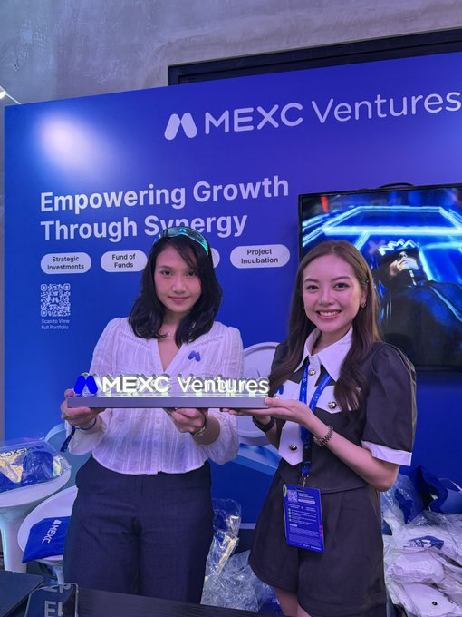 Two women holding a glowing 'MEXC Ventures' sign at a booth event, with a backdrop reading 'Empowering Growth Through Synergy' and labeled sections for Strategic Investments, Fund of Funds, and Project Incubation.
