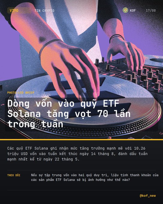 A stylized promotional graphic from "TIN CRYPTO" features hands operating a DJ turntable, with the main headline in Vietnamese reading "Dòng vốn vào quỹ ETF Solana tăng vọt 70 lần trong tuần" (Solana ETF inflows surge 70 times in the week), and accompanying text noting the $10.26 million inflow for the week ending August 14, marking the strongest week since May 22.