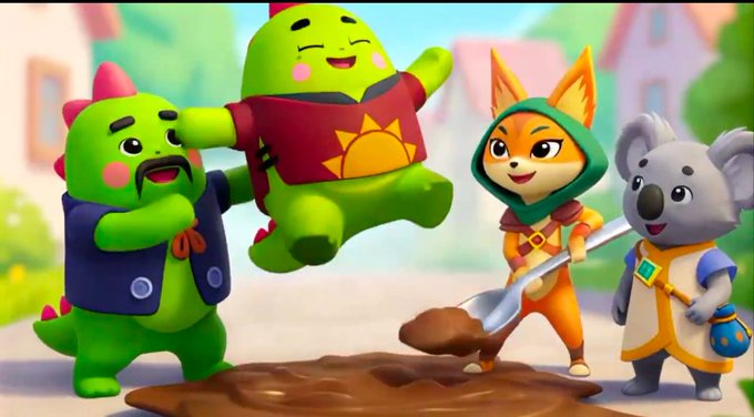 A 3D animated scene featuring a green dinosaur, a green dinosaur-like character in a red shirt, a fox holding a shovel, and a koala, all standing near a pile of brown dirt.