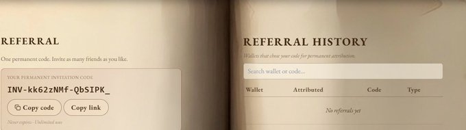 A digital interface showing a 'REFERRAL' section with code 'INV-kk6ZzNMf-QbSIPK_' and a 'REFERRAL HISTORY' section indicating 'No referrals yet.'