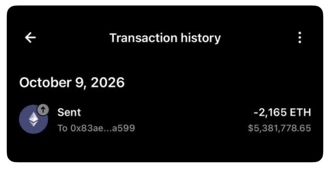 A screenshot of a transaction history showing a "Sent" transaction of -2,165 ETH (~$5,381,778.65) to address 0x83ae...a599 on October 9, 2026, illustrating the massive loss referenced in the post about Ego losing his crypto assets despite storing them on a Ledger hardware wallet.