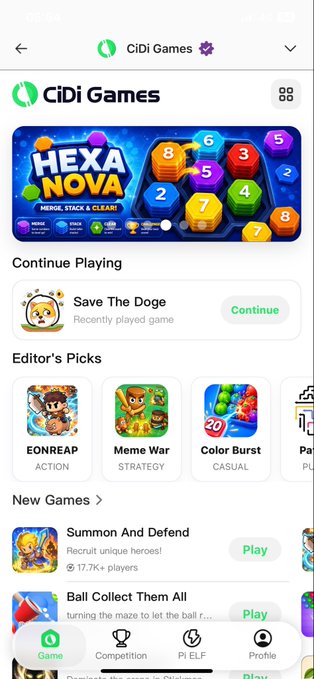Screenshot of the CiDi Games mobile app showing 'HEXA NOVA' game featured along with sections for 'Continue Playing' (Save The Doge), 'Editor's Picks' (EONREAP, Meme War, Color Burst), and 'New Games' (Summon And Defend, Ball Collect Them All).