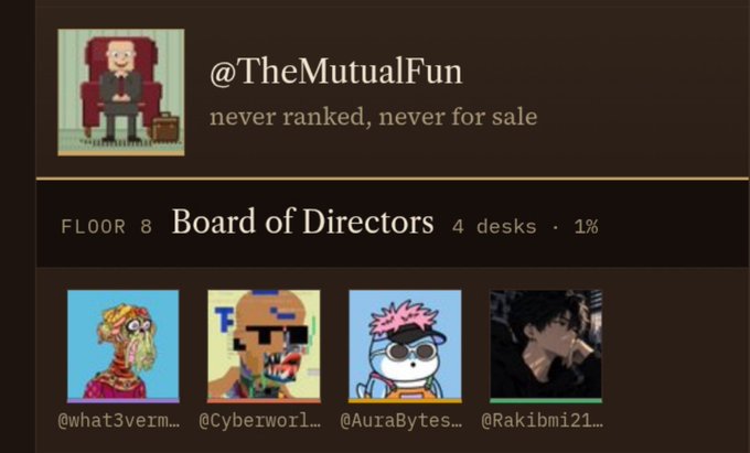 A digital profile page for '@TheMutualFun' showing a pixel art avatar, the tagline 'never ranked, never for sale', and a Board of Directors section on Floor 8 displaying NFT-style profile pictures.