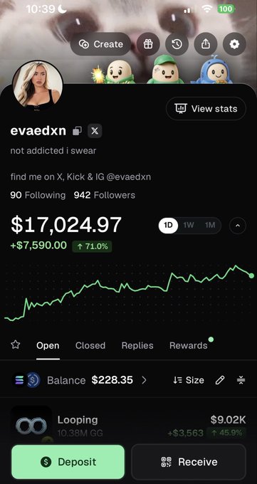 A mobile screenshot of a Polymarket profile for user "evaedxn" (@evaedxn) showing a portfolio balance of $17,024.97 with a +71.0% gain, including a $9.02K position in "Looping" that's up 45.8%, displayed alongside social links to X, Klick, and IG. The accompanying post about late-night trading on pump.fun fits the late-night timestamp (10:39 with a moon icon) and the active trading portfolio shown, suggesting the user is showcasing their crypto prediction market gains while others are up trading memecoins.