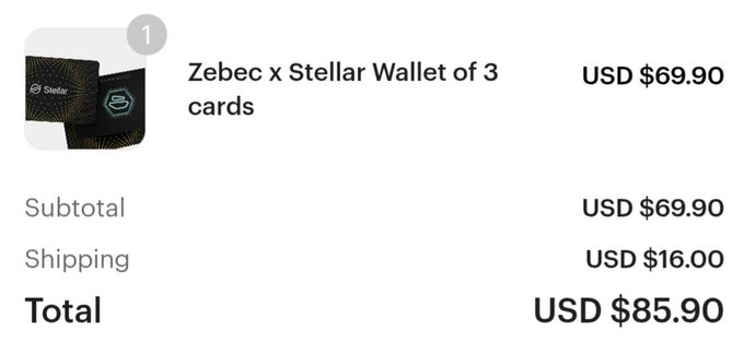Online checkout summary showing a 'Zebec x Stellar Wallet of 3 cards' purchase at USD $69.90 plus $16.00 shipping for a total of USD $85.90.