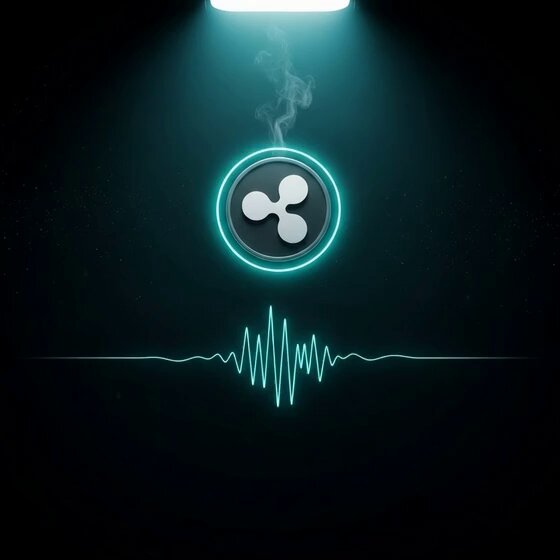 The image features a logo of Ripple cryptocurrency symbolized by an upside-down R, with a wave graph drawn next to it showing a blue and white pattern, with a green color filling in most parts other than bottom right corner which has gray filled.