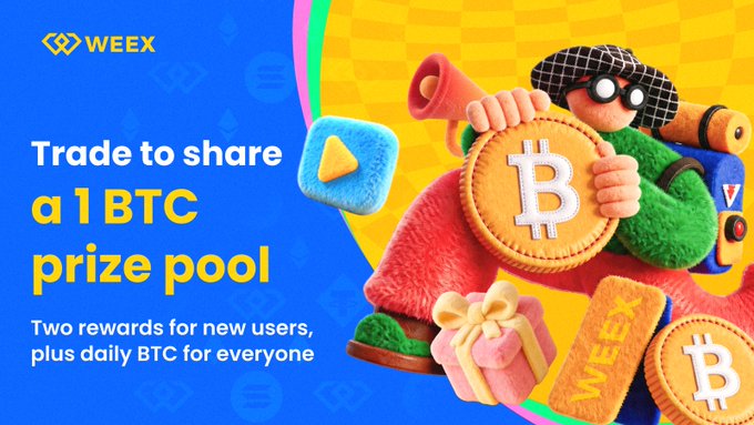 A promotional banner for WEEEX exchange featuring 3D-rendered characters and Bitcoin coins, advertising 'Trade to share a 1 BTC prize pool' with daily BTC rewards.