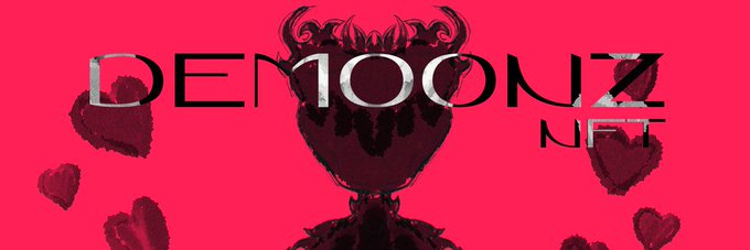 The image features a pink banner with black text that reads "Demoonz NFT" at the top, followed by a list of items for sale including a vase, hearts, and a mug. The text also mentions a giveaway where users can enter their email address or social media account to receive 10x GTD spots for @the_demoonz Supply.