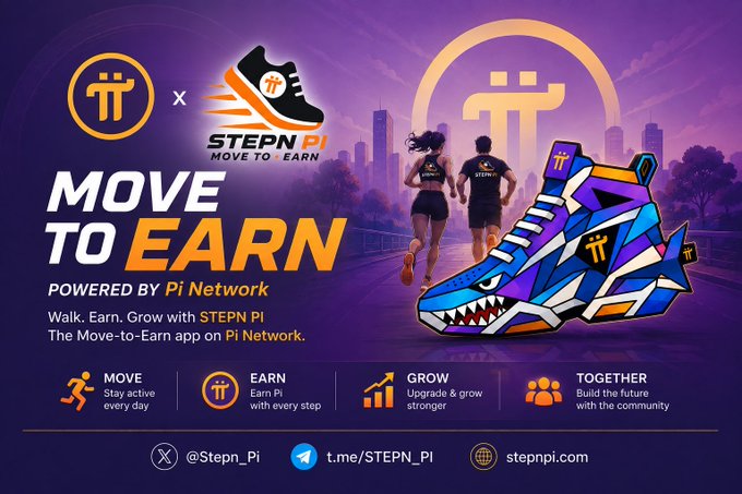 A promotional banner for STEPN Pi displays "MOVE TO EARN" powered by Pi Network, featuring the logos of Pi Network and STEPN Pi, a colorful sneaker NFT graphic, and runners against a purple cityscape backdrop. The image highlights the app's key features—Move, Earn, Grow, and Together—and matches the accompanying post's announcement of the Move-to-Earn app launching on Pi Network at stepnpi.com, where users can earn PI by walking and receive a free NFT sneaker.