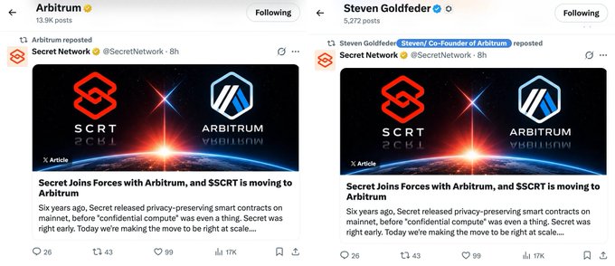 The image shows two X (Twitter) posts from Arbitrum (13.9K posts) and Steven Goldfeder (5,272 posts), both of which are reposting a Secret Network announcement titled "Secret Joins Forces with Arbitrum, and $SCRT is moving to Arbitrum," featuring logos for both Secret Network (SCRT) and Arbitrum against a space/Earth backdrop. The posts have 26 replies, 99 likes, and 17K views.

The image relates to the caption by illustrating another example of established crypto projects migrating to new ecosystems, as Secret Network (alongside previously mentioned Sophon from ZKsync and Moonbeam from Polkadot) is choosing to rebuild on Arbitrum's public chain infrastructure.