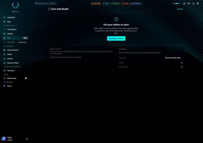 A screenshot of the RealFi crypto platform dashboard showing the 'Earn with RealFi' page with options to stake USDC and earn rewards, displaying a balance of 62.32 RFI for user Adam.